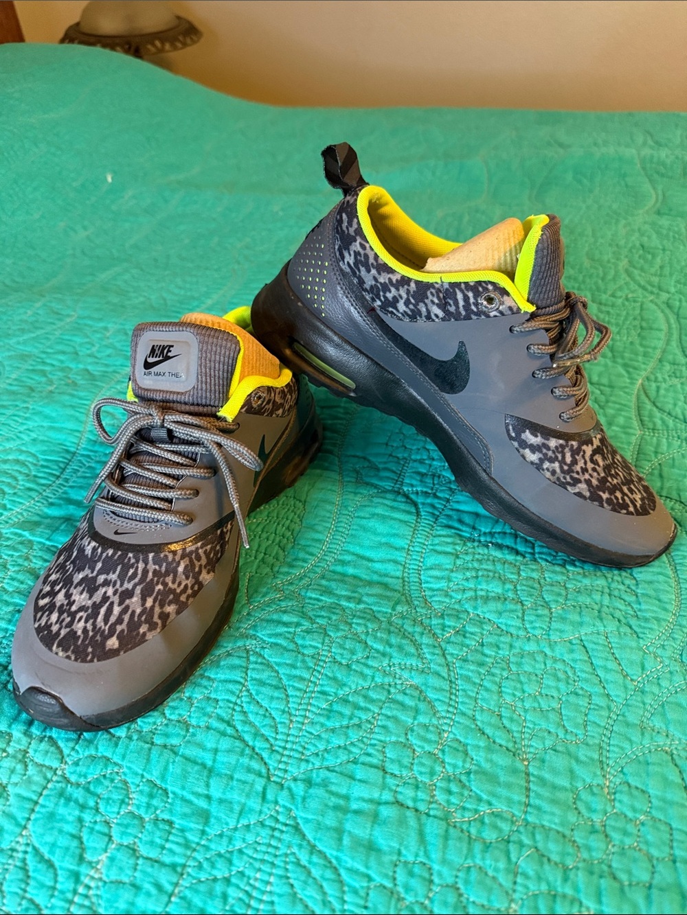 Nike Air Max Thea Gray Leopard Print Sneakers with Neon Yellow Lining